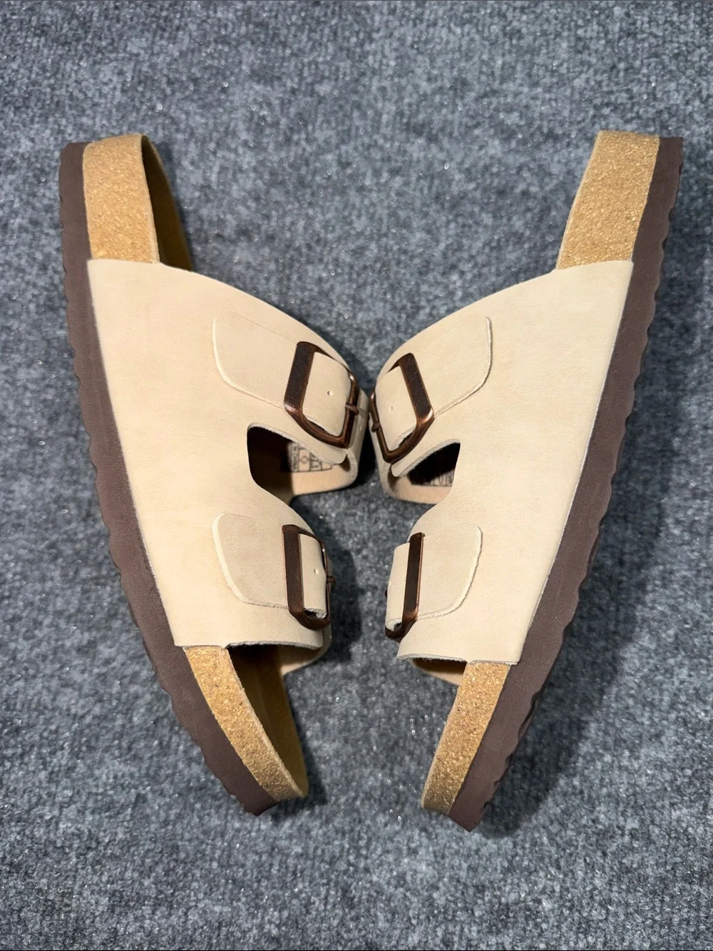 Women’s Double-Buckle Leather Slide Sandals in Beige